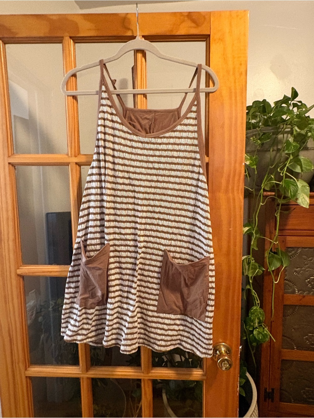 Striped Brown & White Sleeveless Pocket dress with shorts